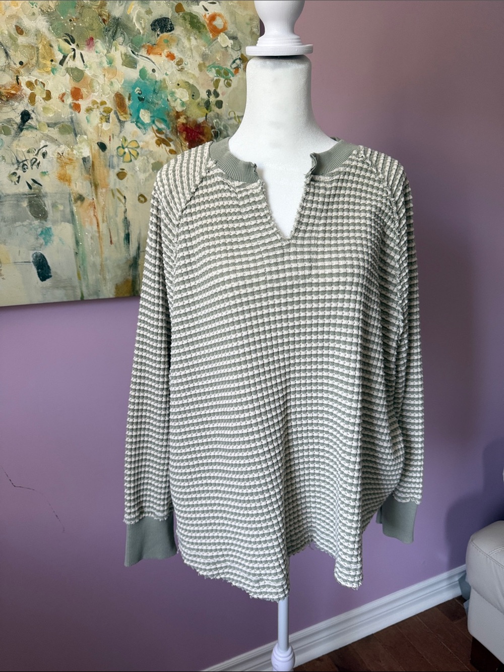 American Eagle Outfitters Sage and Off-White Waffle-Knit Pullover